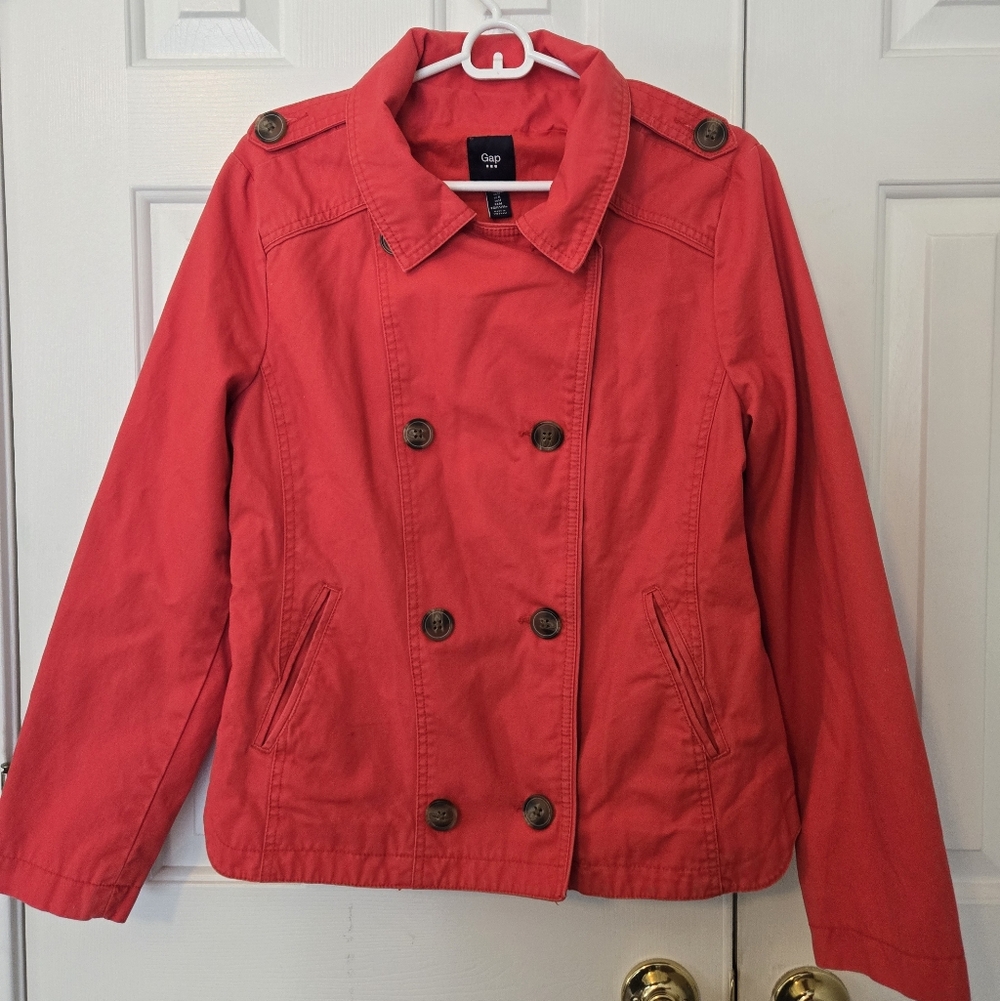 GAP Coral Red Cotton Pea Coat Button Jacket Size M